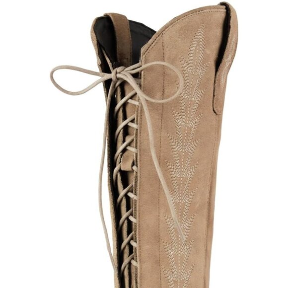 ⚡Women's Beige Knee High Wide Calf Lace Up Embroidered Cowgirl Boots Pull On - Picture 6 of 7